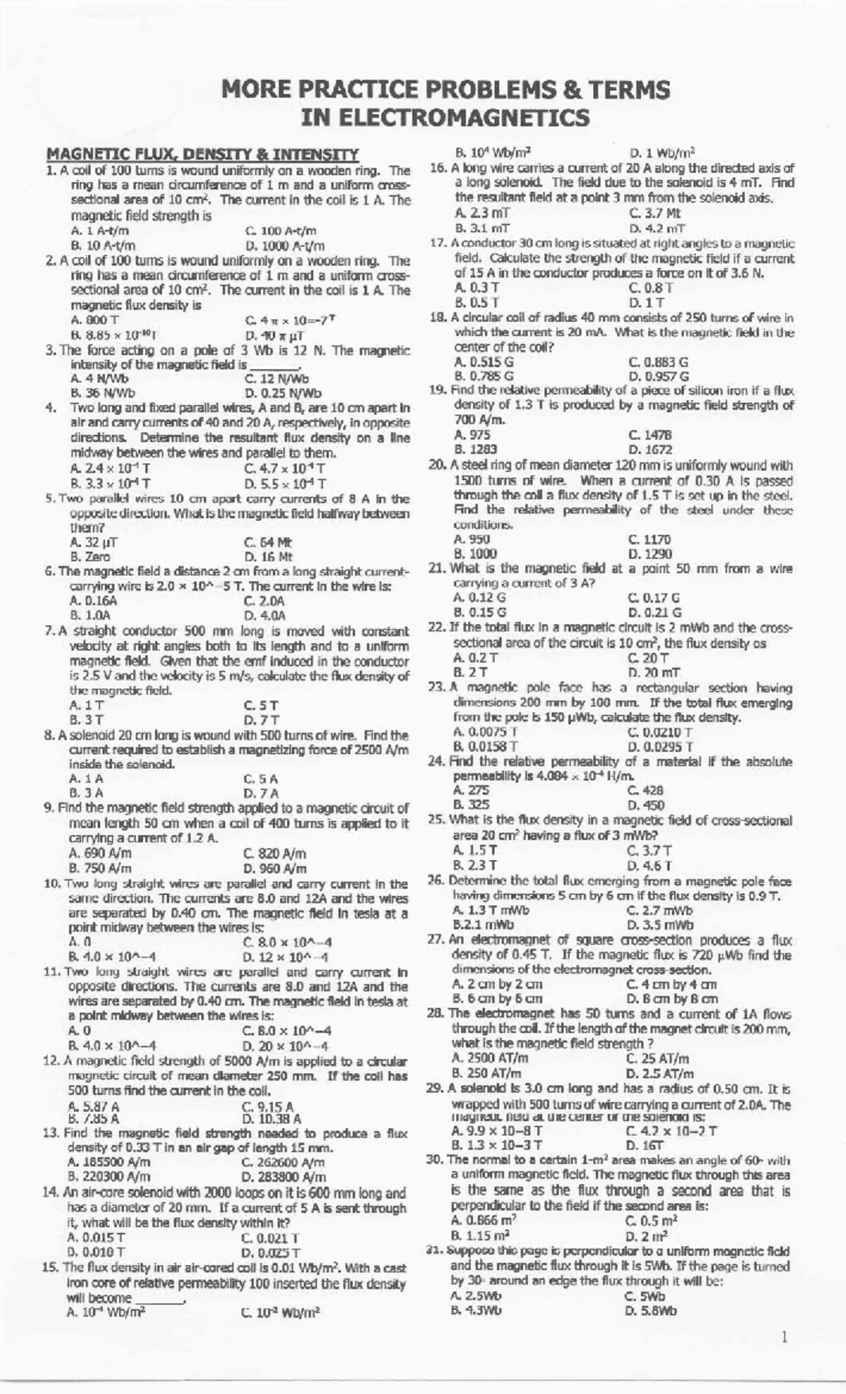 Electromagnetics Practice Problems (Course Code: EM101) with Solutions ...