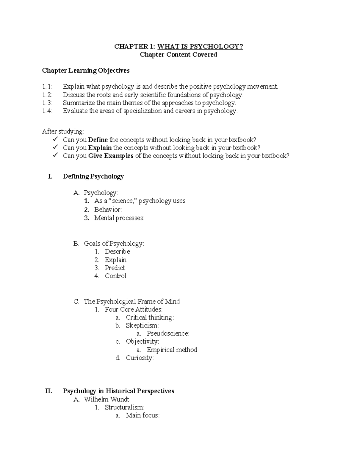 PSY 101: Chapter 1 Exam Study Guide on Psychology Fundamentals - Studocu