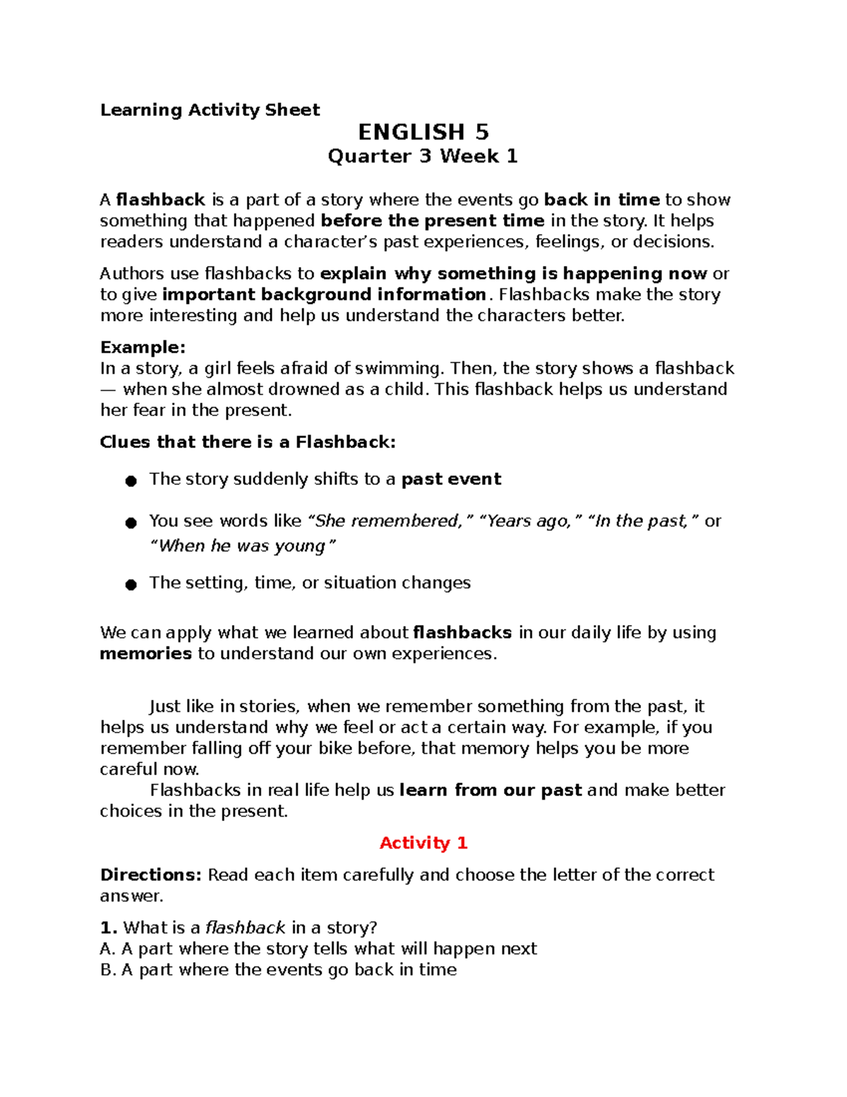 LAS ENGLISH 5 Q3 W1: Understanding Flashbacks in Stories - Studocu