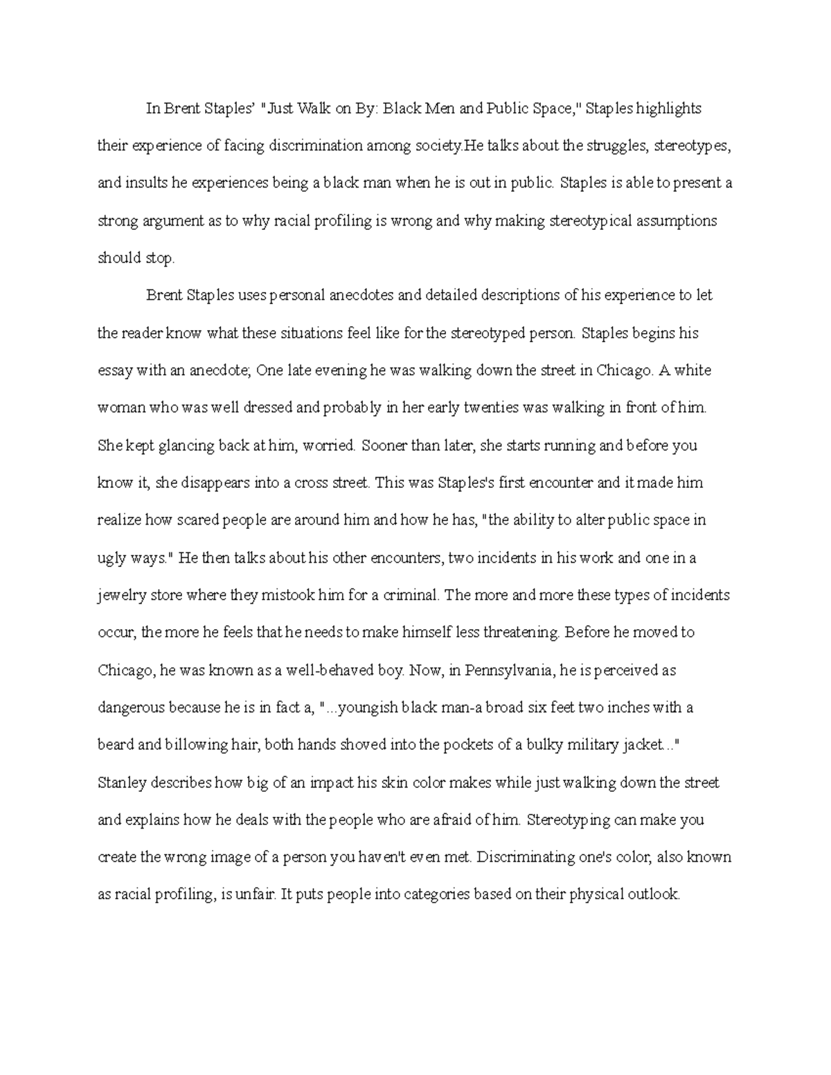 Reaction Sheet 4: Analysis of Brent Staples' "Just Walk on By" - Studocu