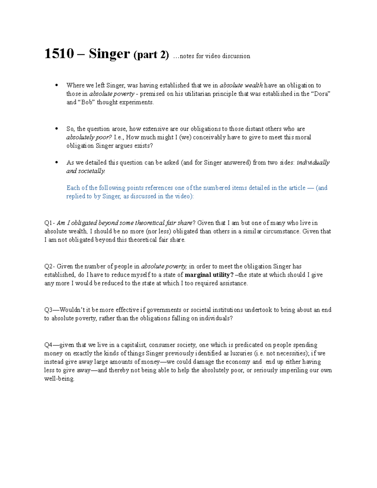 Final Exam Notes: Singer's Obligations toward Absolute Poverty - 1510 ...