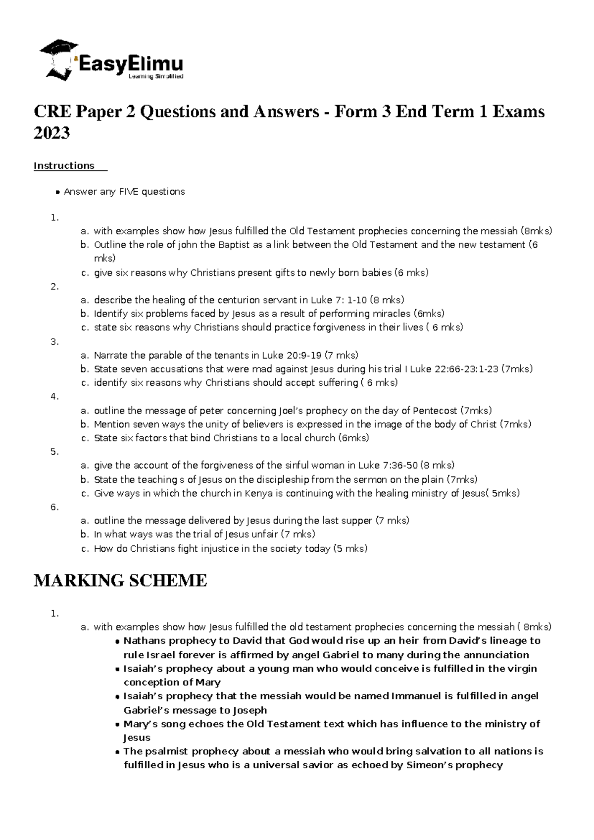 CRE Paper 2 Q&A - Form 3 End Term 1 Exams 2023 - Studocu