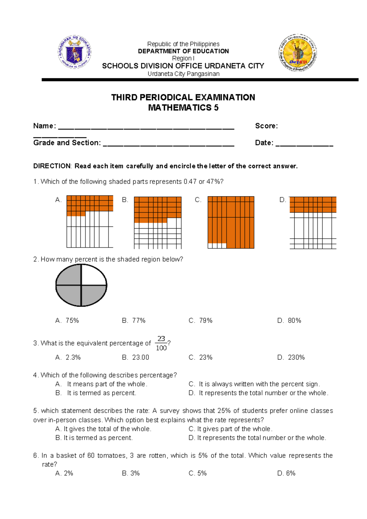 Mathematics 5 Third Periodical Examination - Republic of the ...