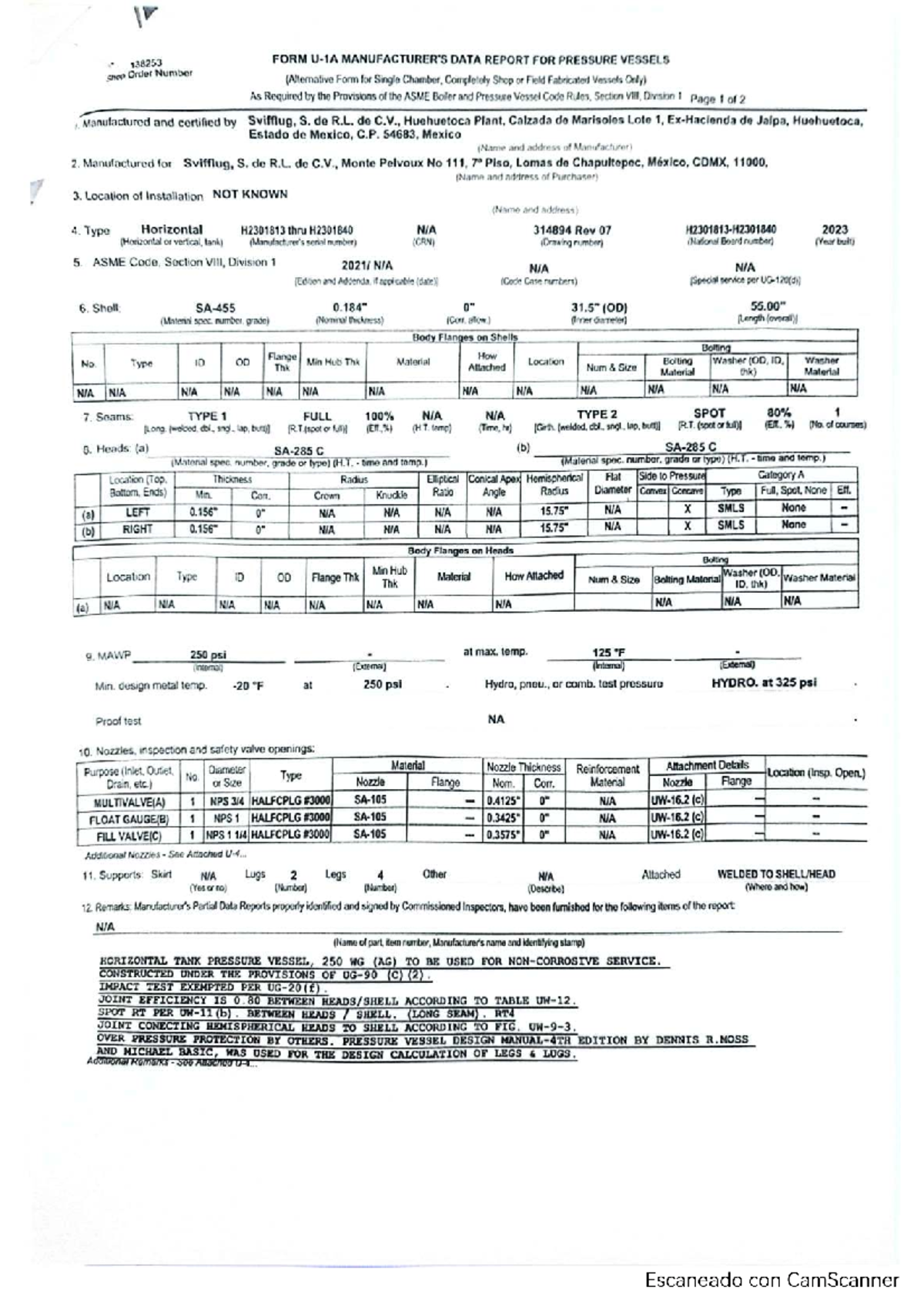 138253 Pressure Vessel Form Data Report for H2301840 - Studocu