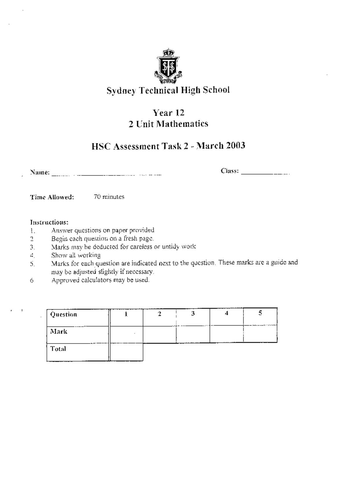 2003 2U - Sydney Tech - Year 12 Maths HSC Assessment Task 2 - Studocu