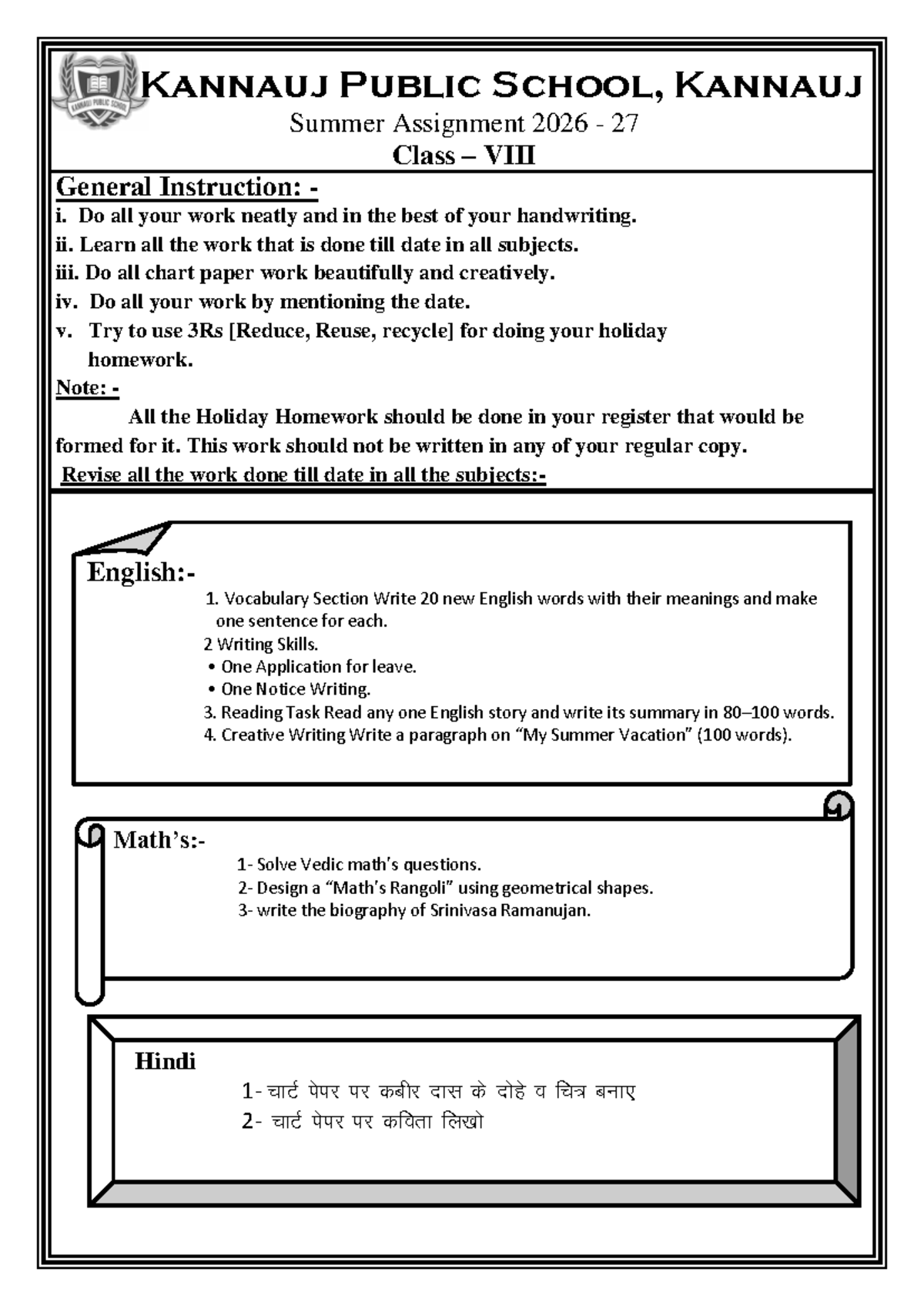 Kannauj Public School Summer Assignment 2026-27 for Class VIII - Studocu