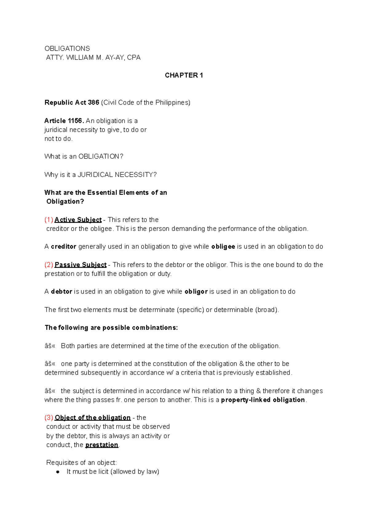 Obligations and Contracts: A Study of Civil Code RA 386 - Chapter 1 ...