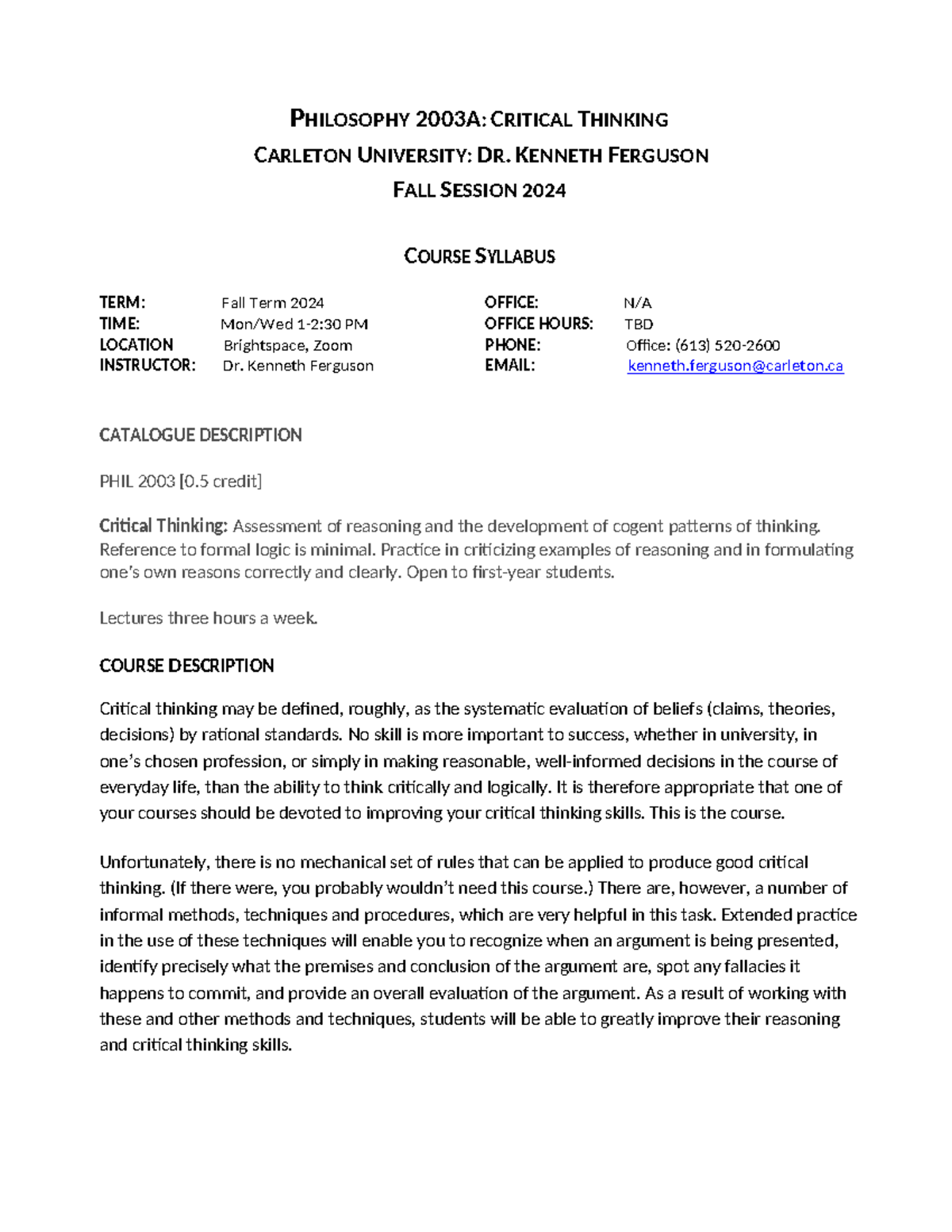 PHIL 2003A: Critical Thinking Course Syllabus for Fall 2024 - Studocu