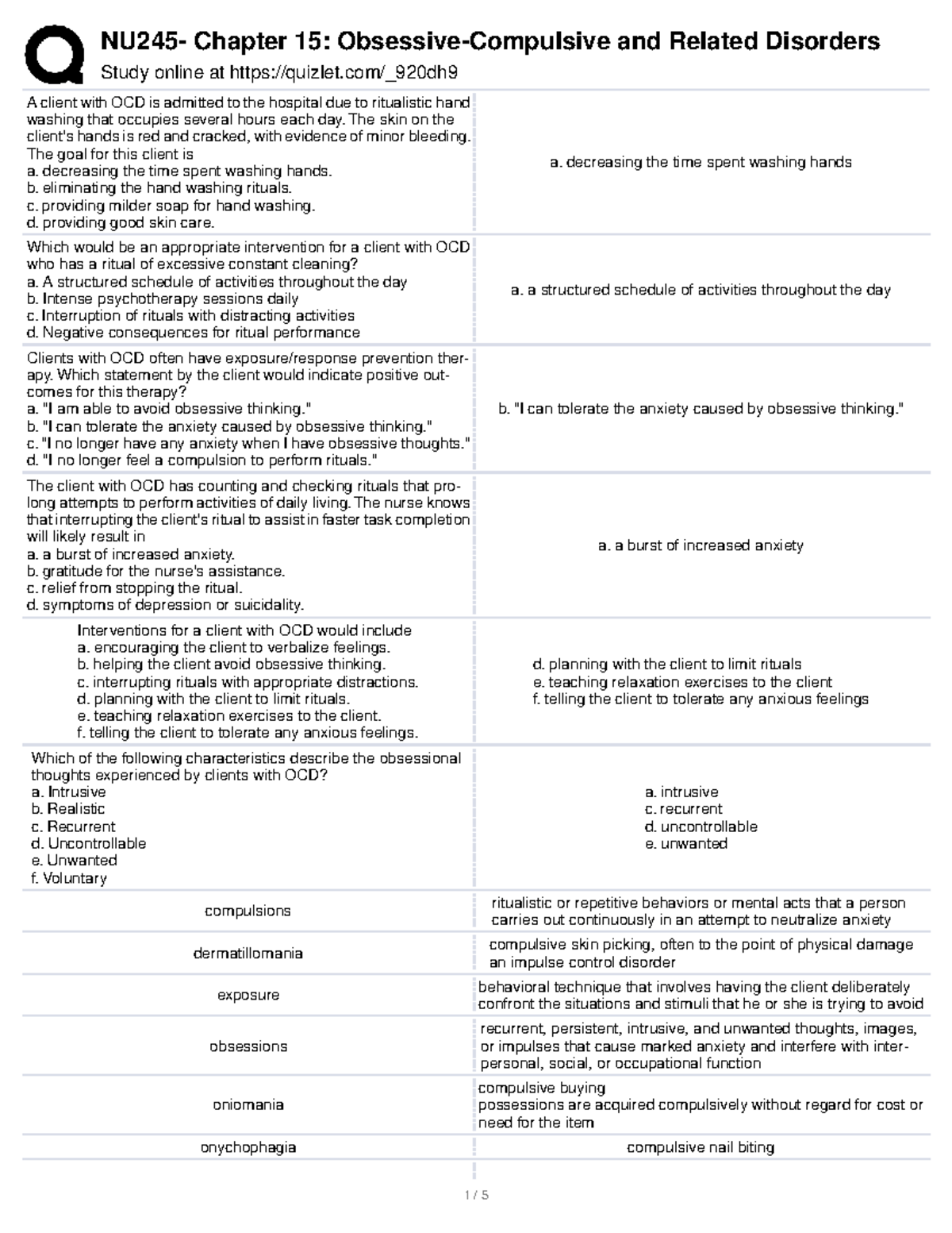 Chapter 15: OCD and Related Disorders Study Guide for Exam Preparation ...