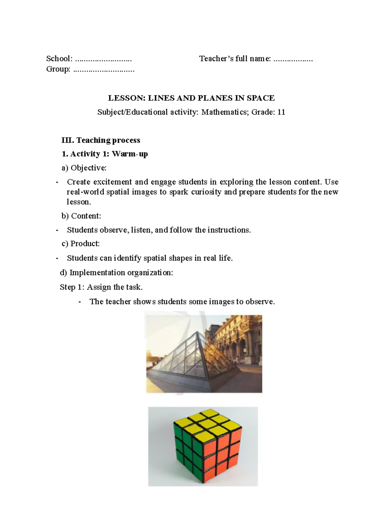 Grade 11 Geometry: Lines and Planes in Space Lesson Plan - Studocu