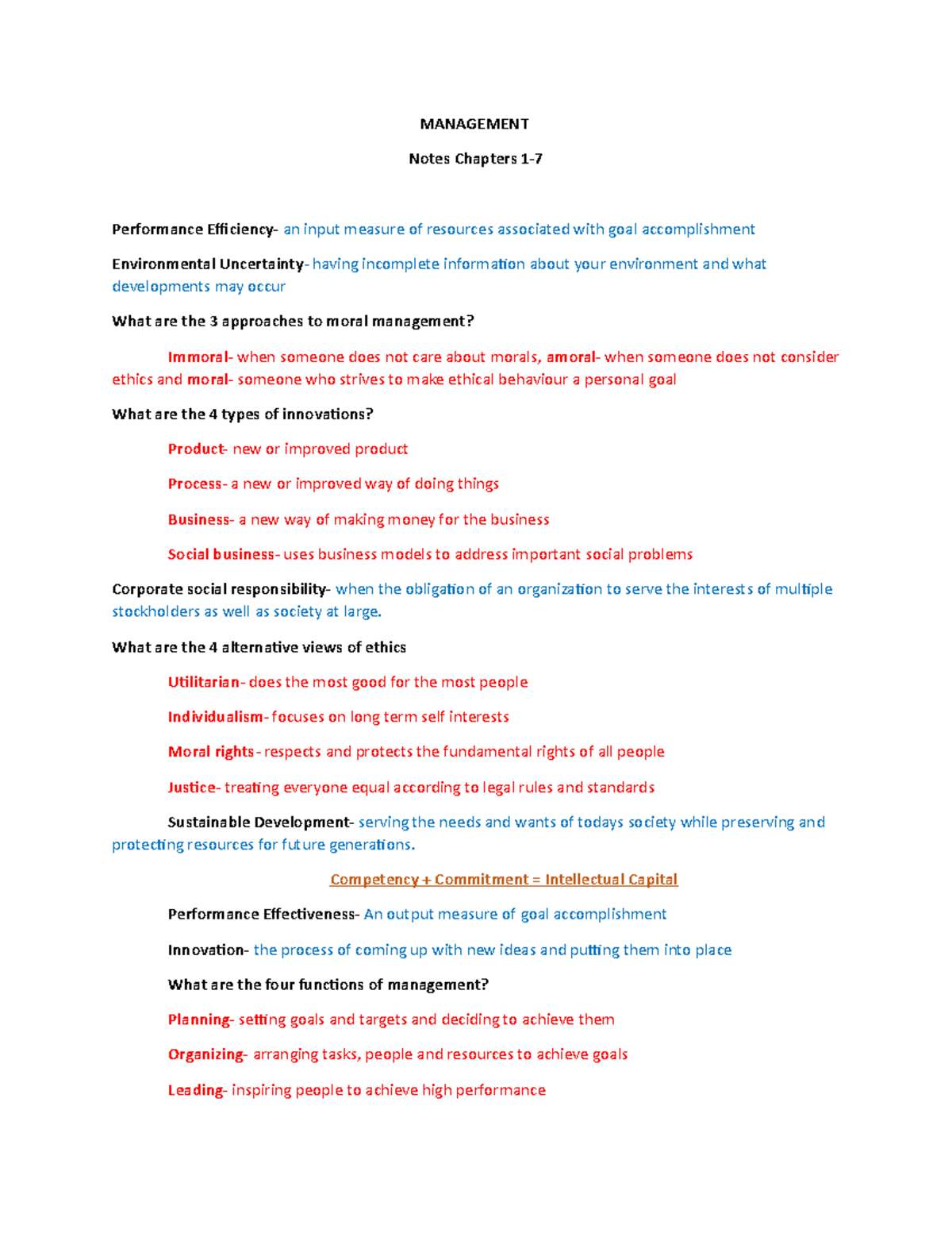 Management Notes: Chapters 1-7 Overview and Key Concepts - Studocu