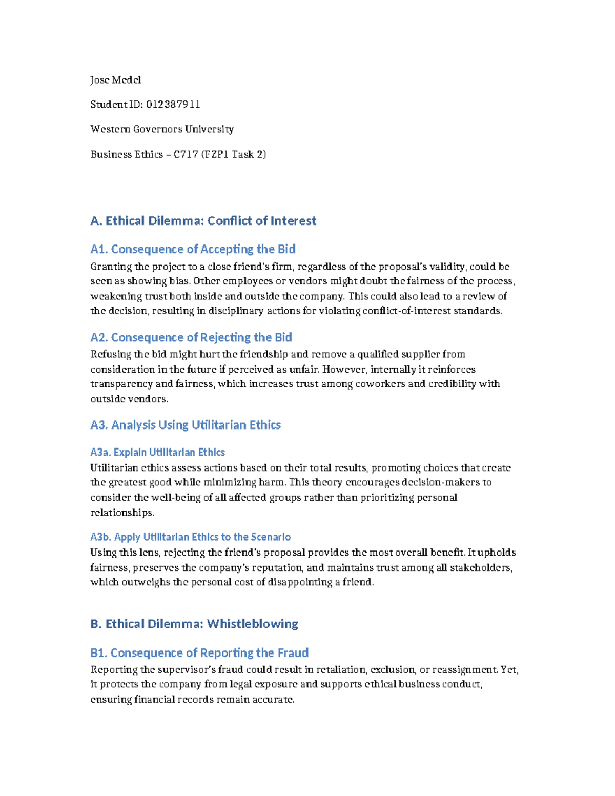 C717 Business Ethics Task 2: Analyzing Ethical Dilemmas - Studocu