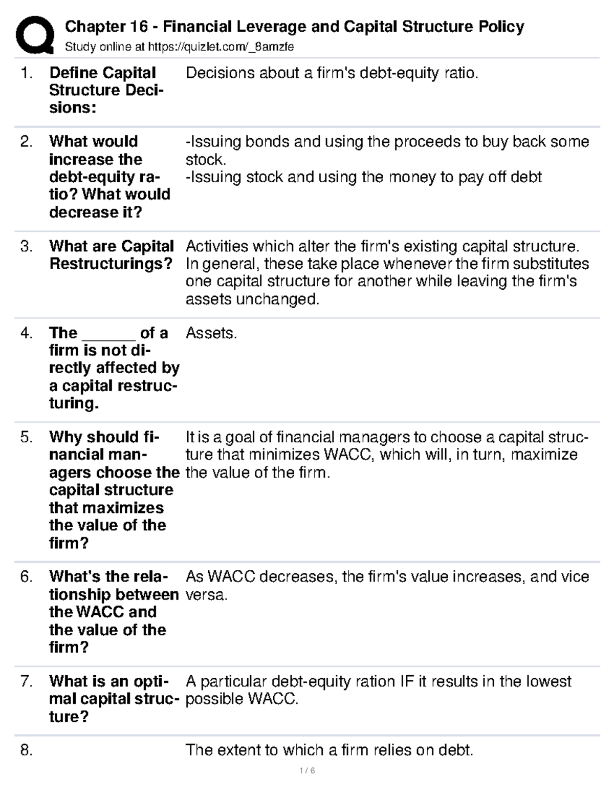 Chapter 16 Study Guide Financial Leverage Capital Structure Policy