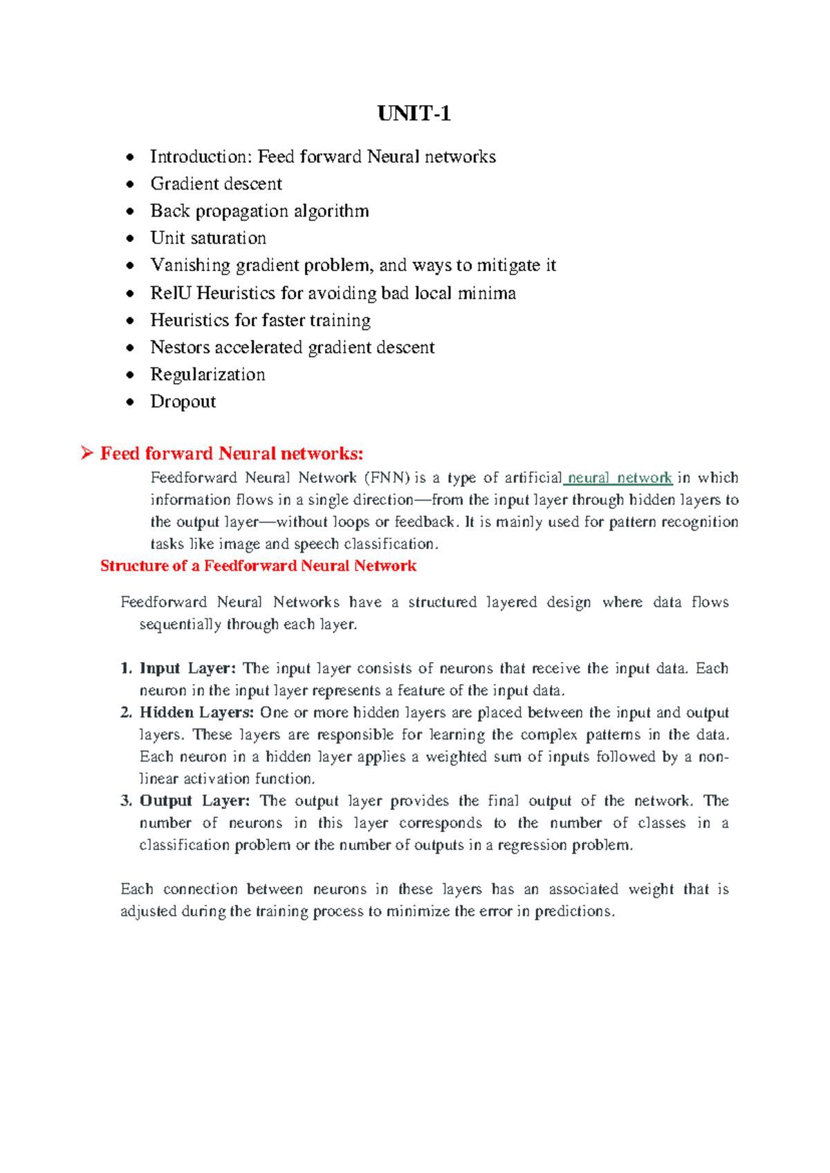 Unit 1: Feedforward Neural Networks and Gradient Descent Techniques ...