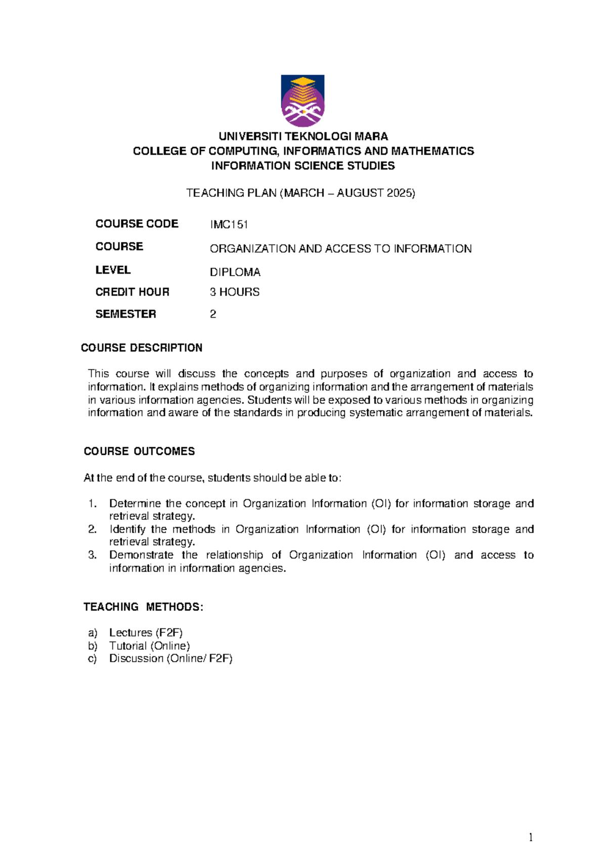 IMC151 Teaching Plan for Organization and Access to Information - Studocu