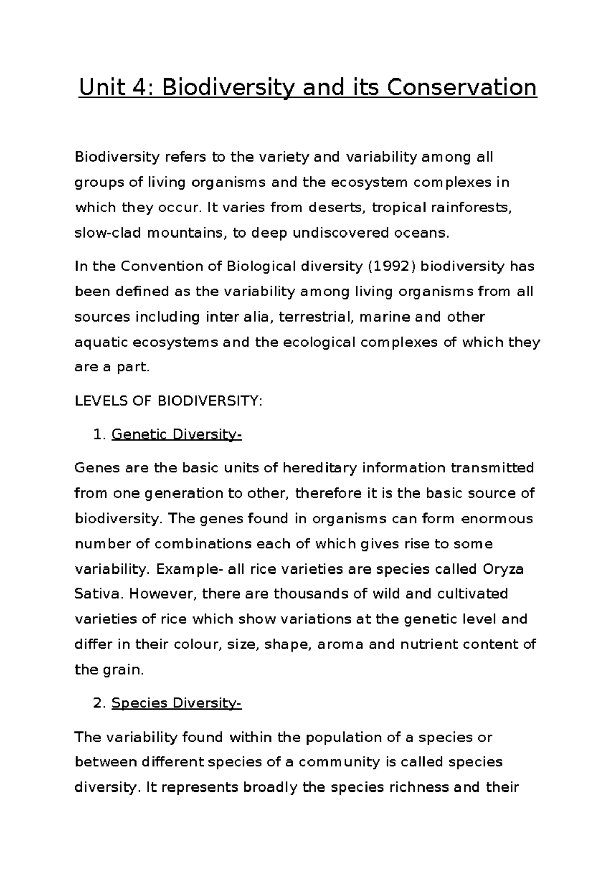 Unit 4: Biodiversity & Conservation Overview - Studocu