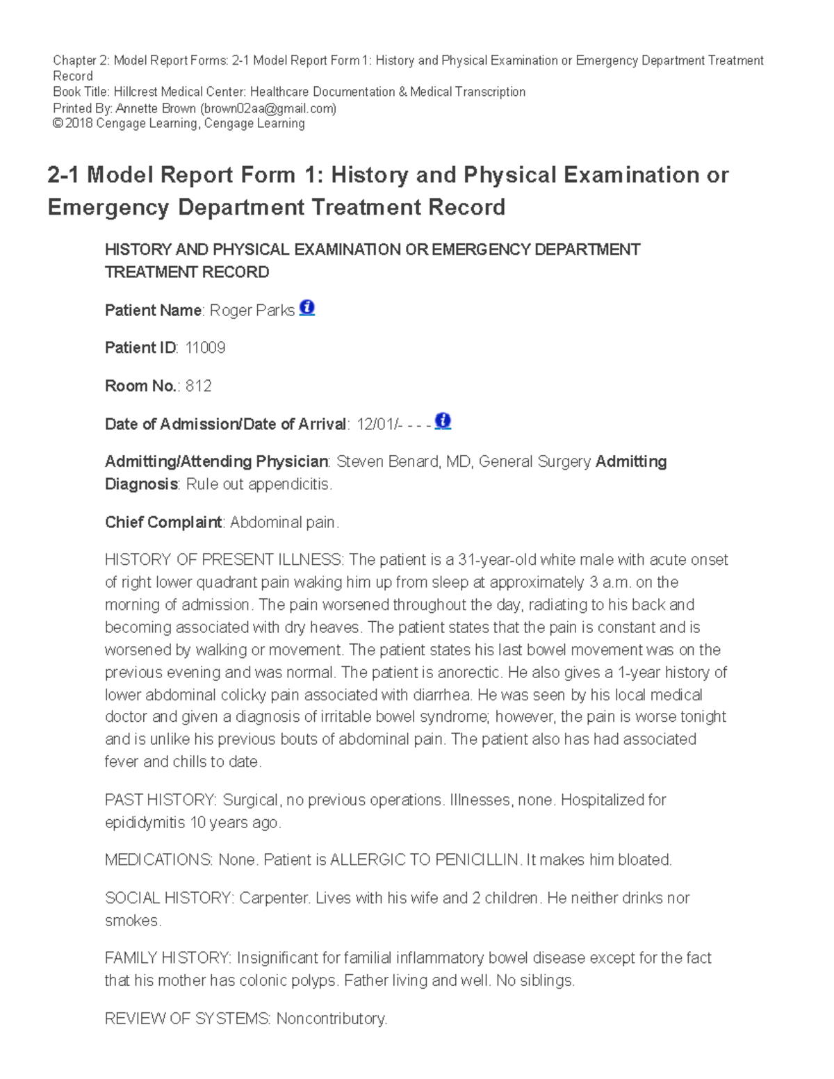 Medical History And Physical Form