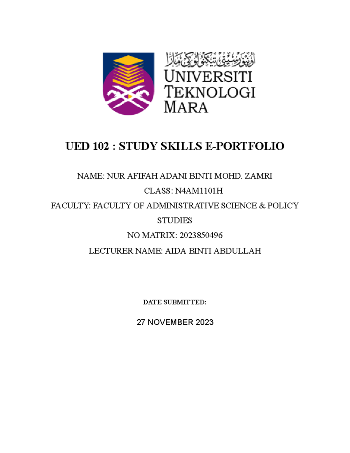 UED 102 Final Exam Study Skills E-Portfolio by Nur Afifah Adani - Studocu