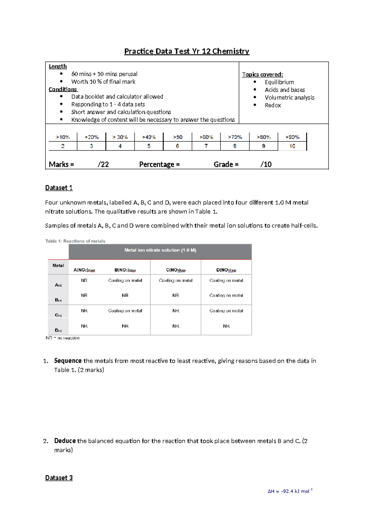 Chemistry IA Data Test Practice Test 2 2022 - Equilibrium Systems ...