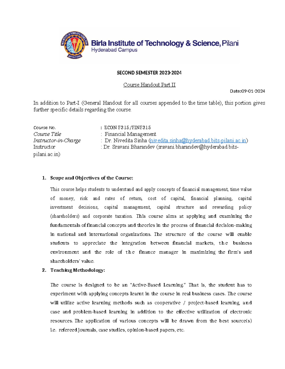 ECON F315 - Financial Management Course Handout Part II 2023-24 - Studocu