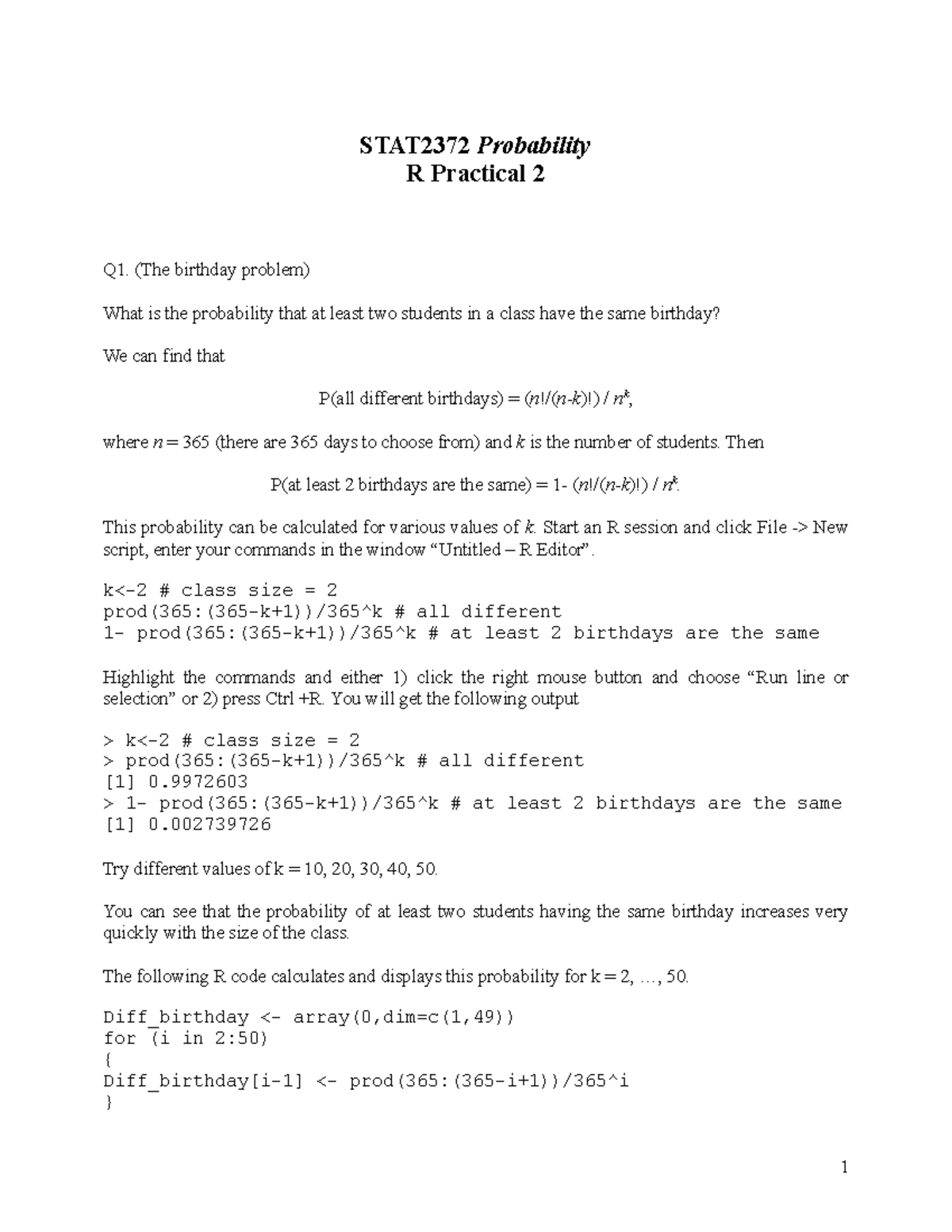 STAT2372 R Practical Task 2: Probability and Simulations Review - Studocu