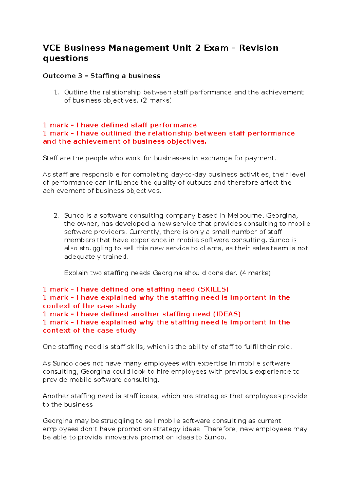 Business Management Unit 2 Exam Revision: Outcome 3 Practice Questions ...