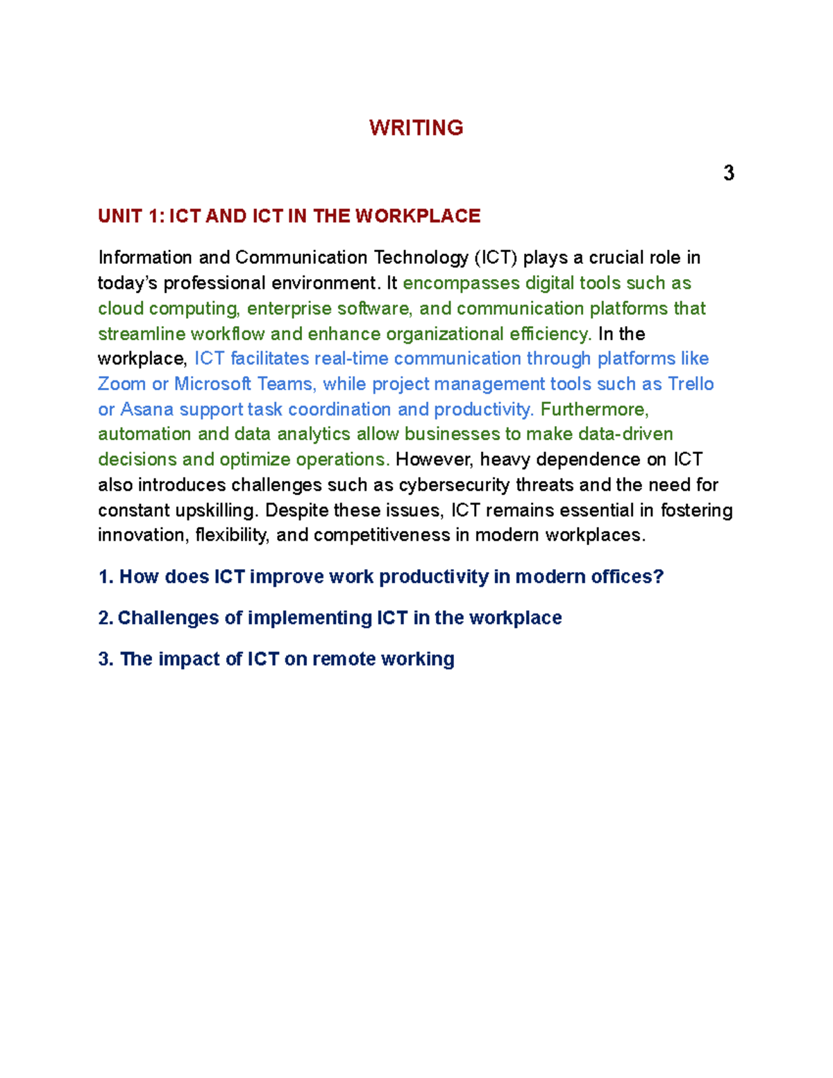 WRITING 3 UNIT 1: ICT IN THE WORKPLACE & EDUCATION Insights - Studocu