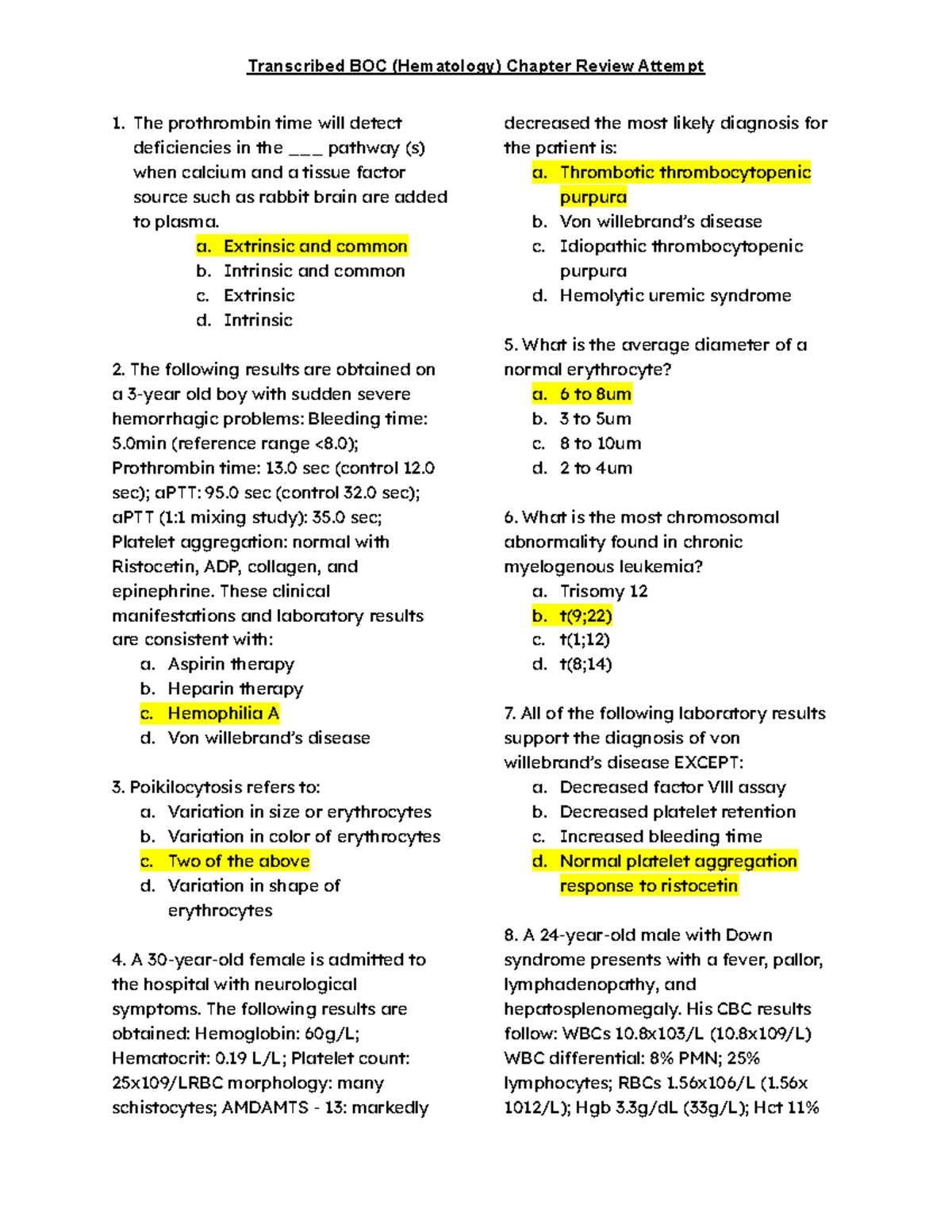 BOC Hematology Chapter Review: Key Concepts and Quiz Questions - Studocu