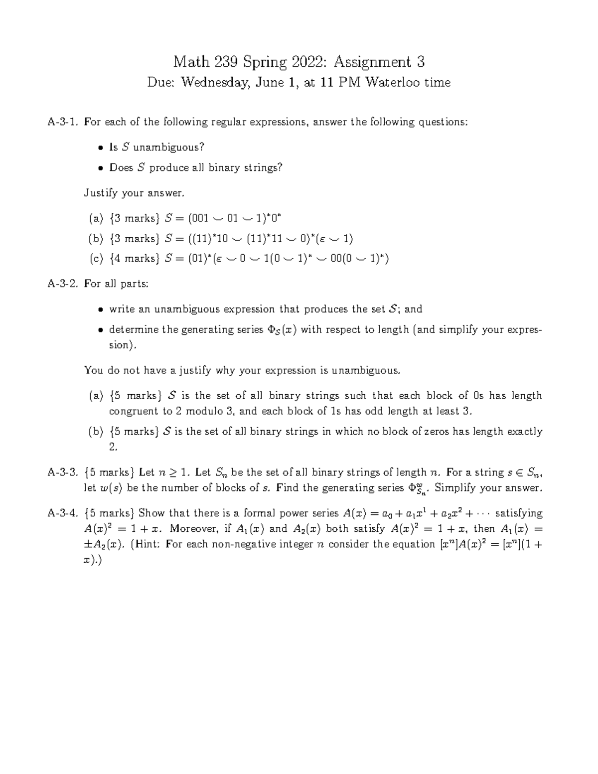 Math 239 A3 - Spring 2022: Assignment on Regular Expressions & Series ...