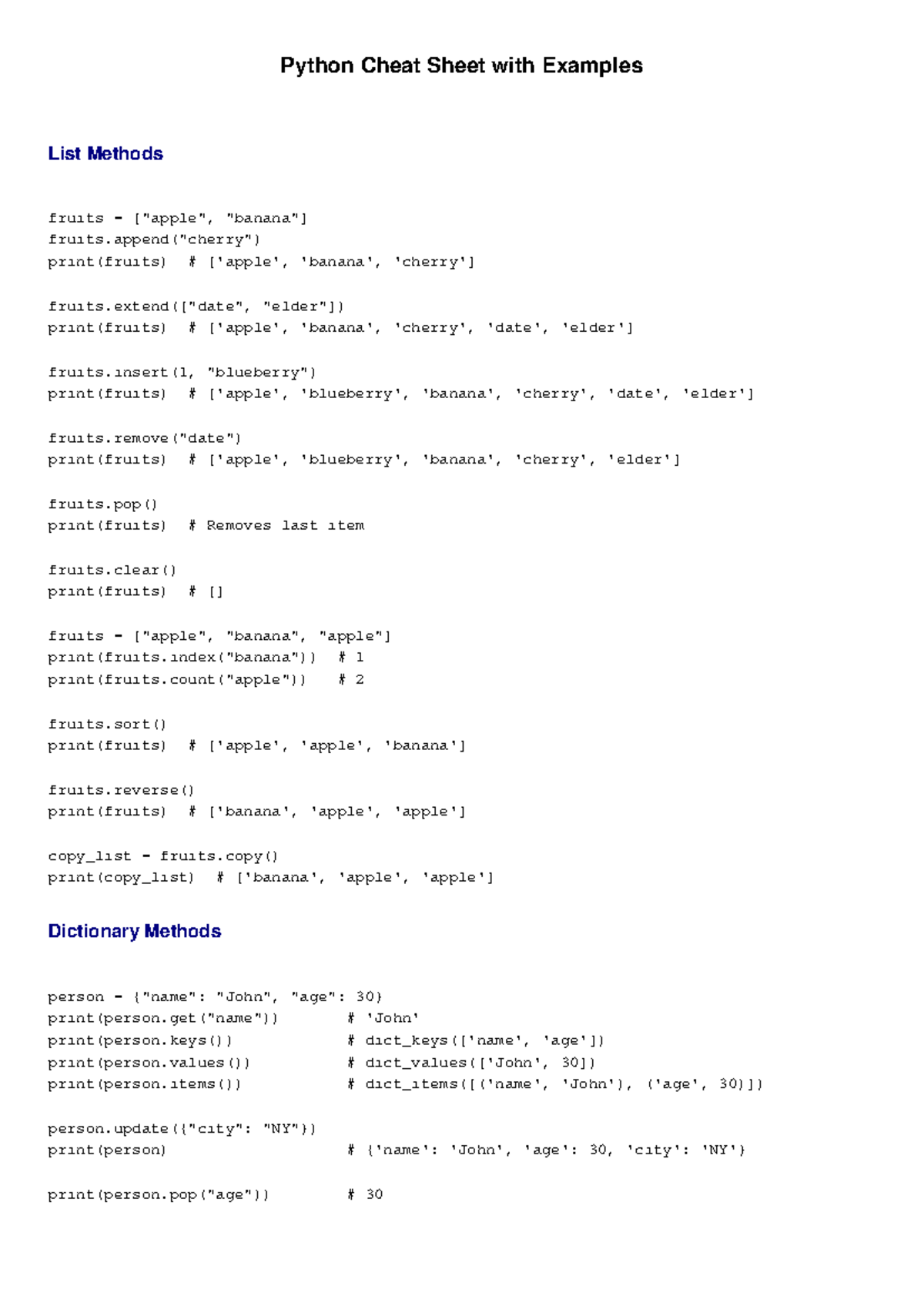 Python Cheat Sheet: List, Dictionary, String & Set Methods - Studocu