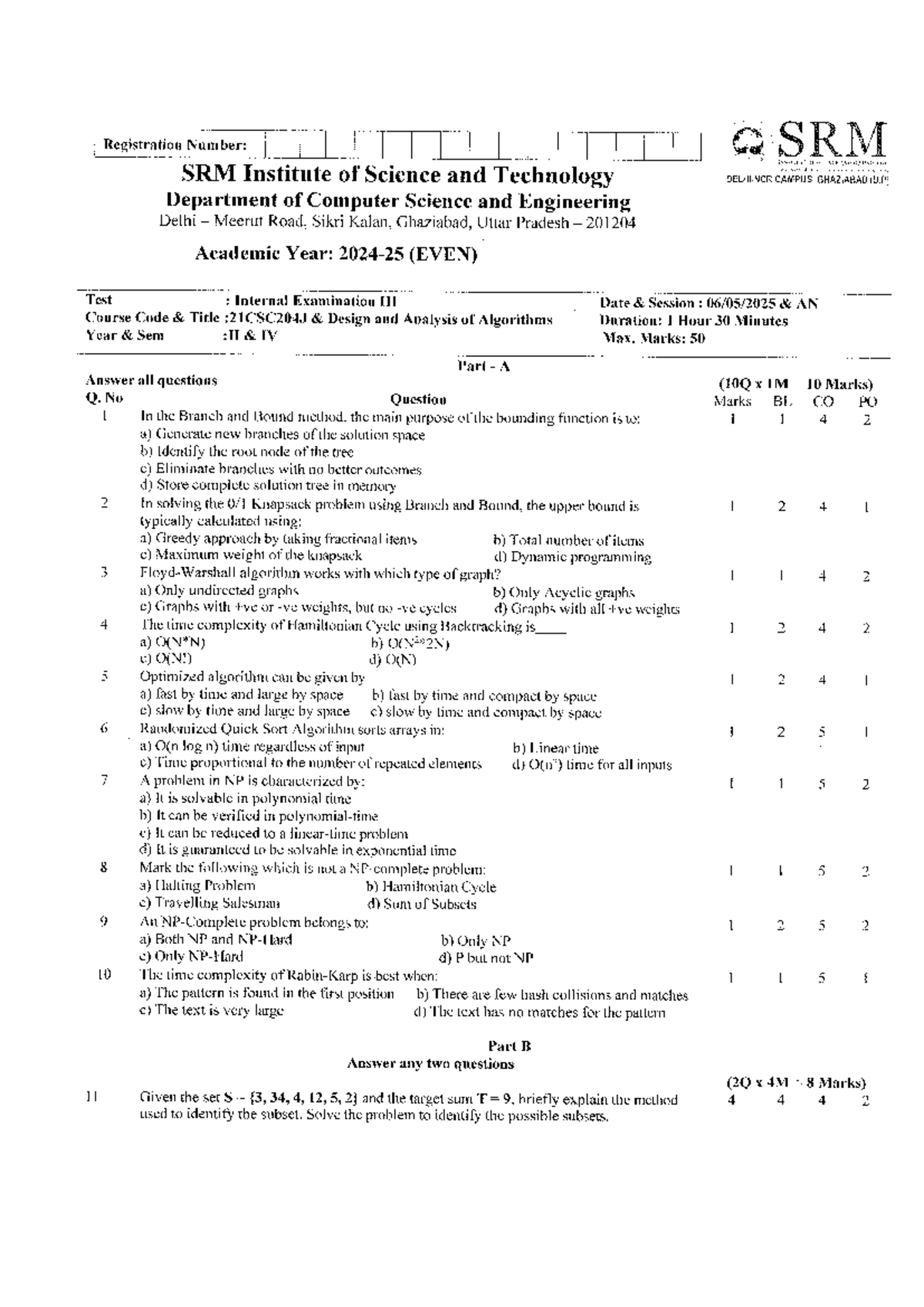 21CSC204J Internal Exam: Design & Analysis of Algorithms - Studocu
