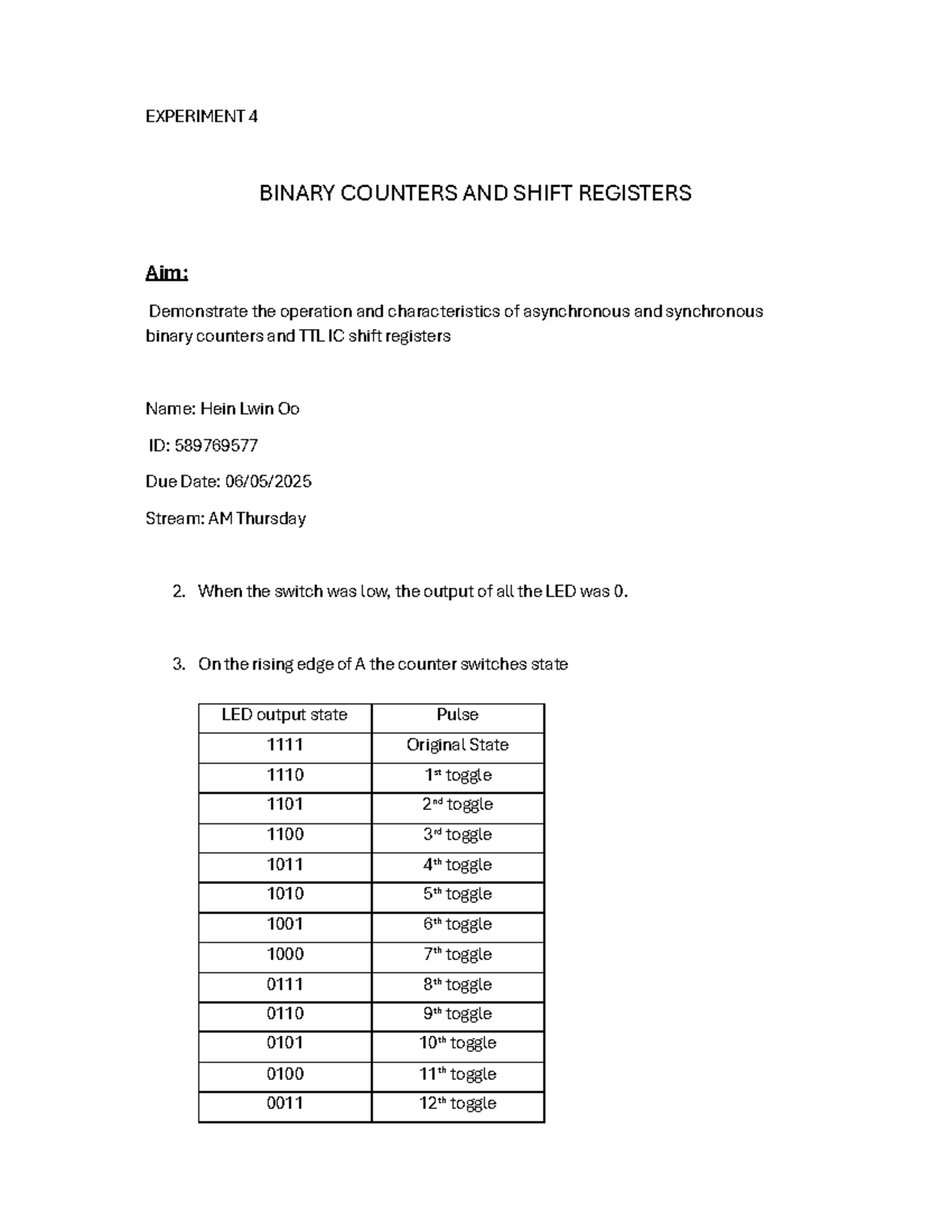 PHYS 140 Lab Report 4: Binary Counters & Shift Registers Experiment ...
