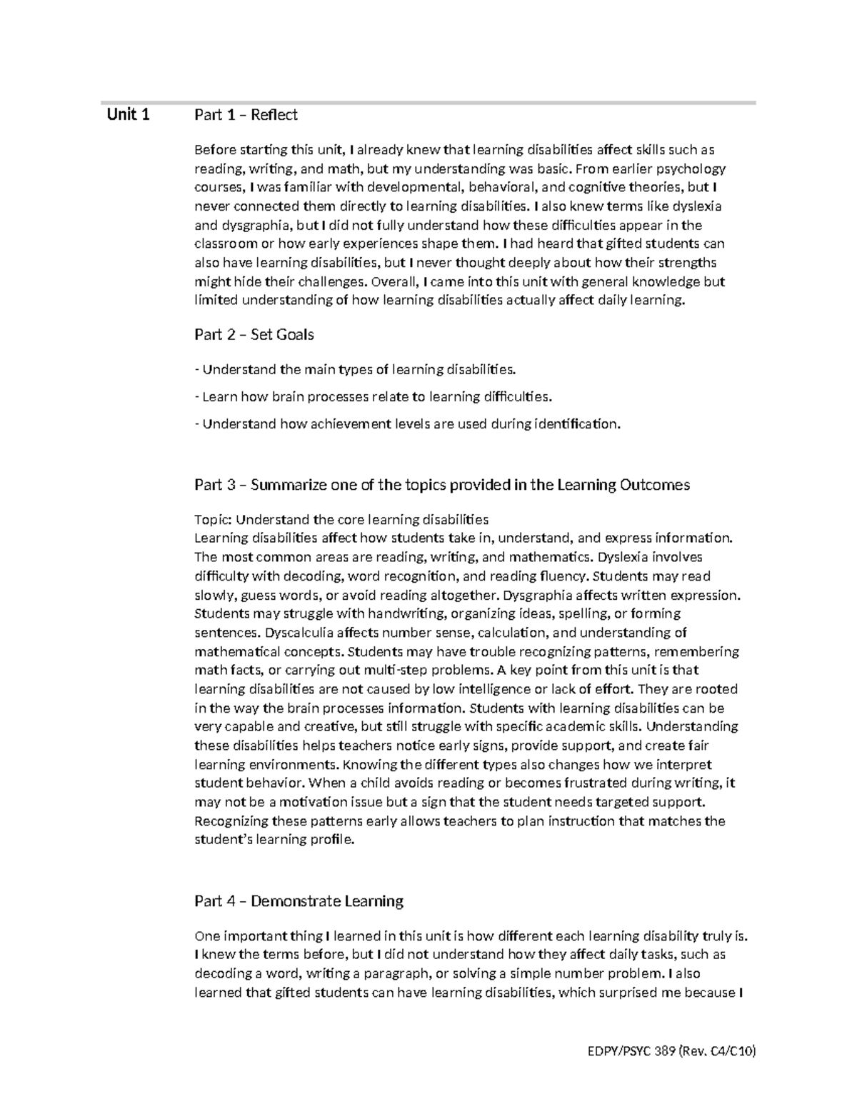 PSYC389 Journal Assignment: Understanding Learning Disabilities - Studocu