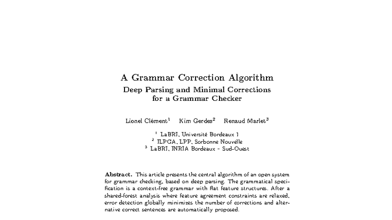 Deep Parsing and Minimal Corrections for Grammar Checking (FG2009 ...