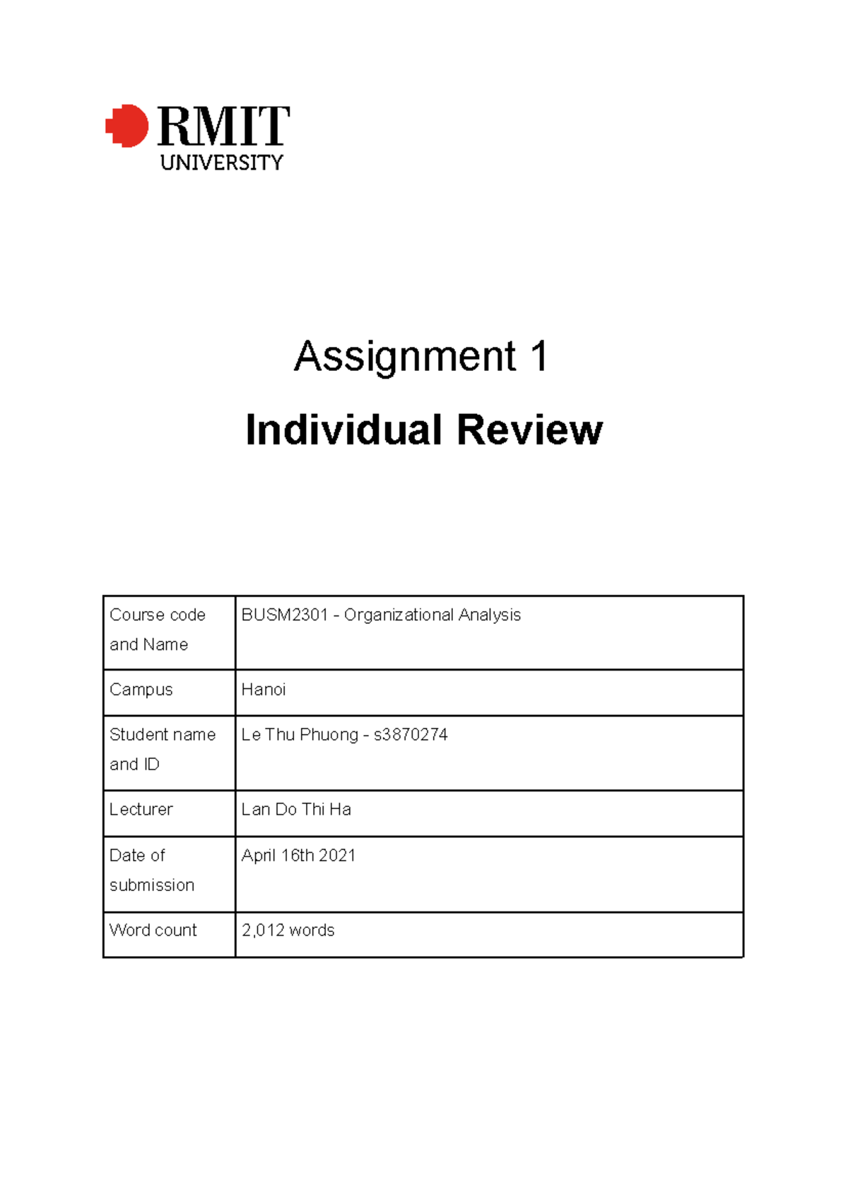 A1 Individual Review DI - Assignment 1 Individual Review Course code ...