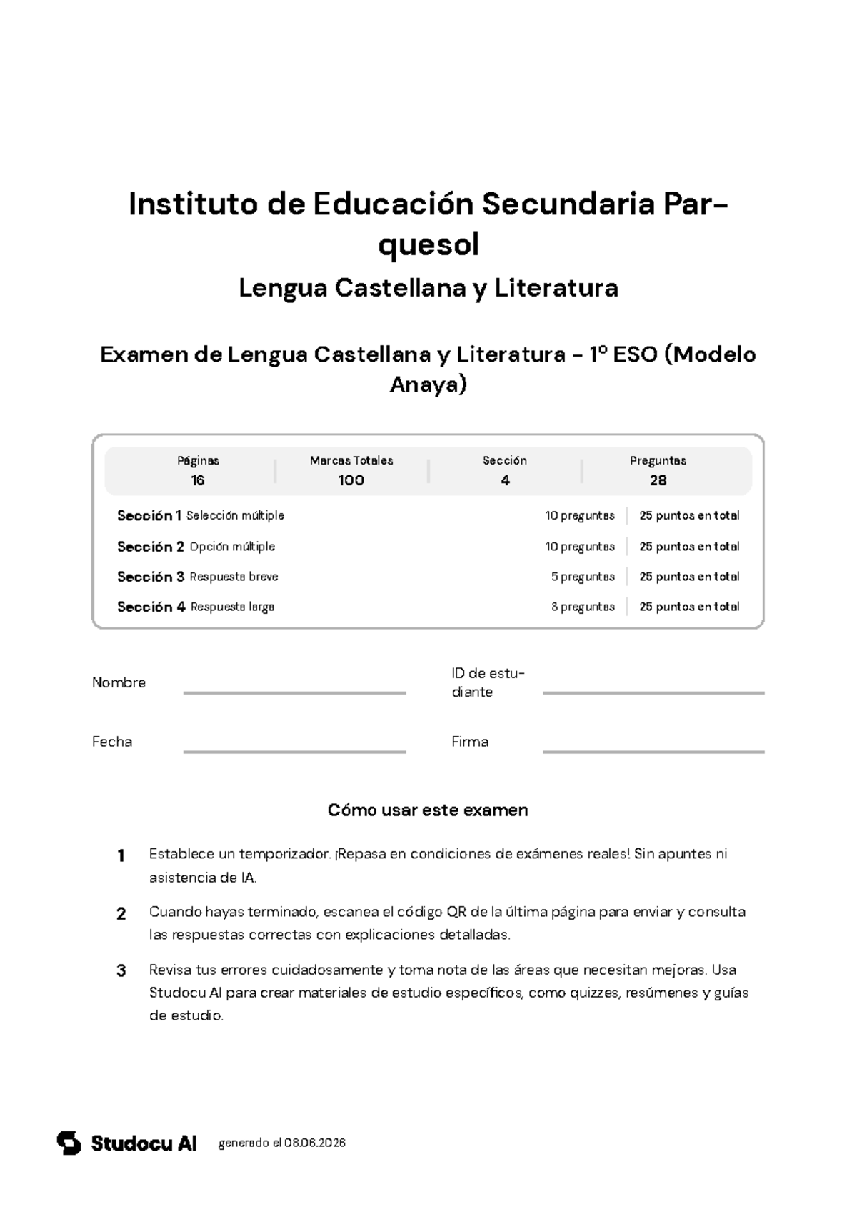 Examen de Lengua Castellana y Literatura - 1º ESO - Studocu
