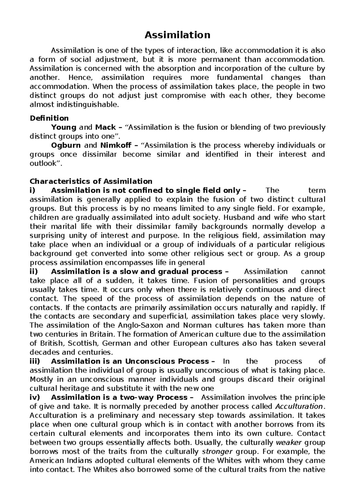 Sociology 101: Study Material on Assimilation Process - Studocu
