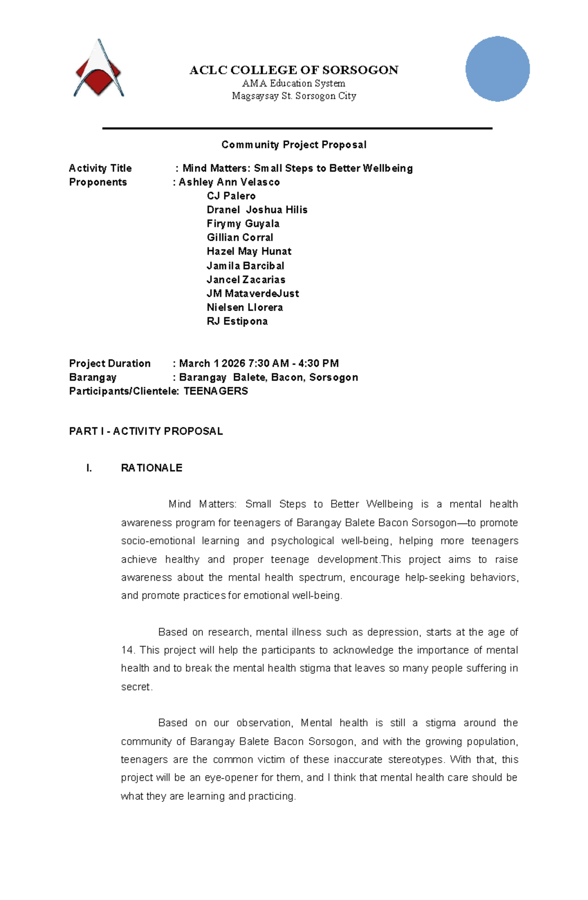 NSTP 2 Project Proposal: Mind Matters for Teen Mental Health - Studocu
