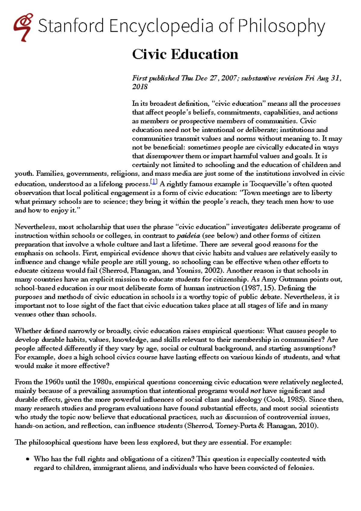 Civic Education (Stanford Encyclopedia of Philosophy) - Stanford ...