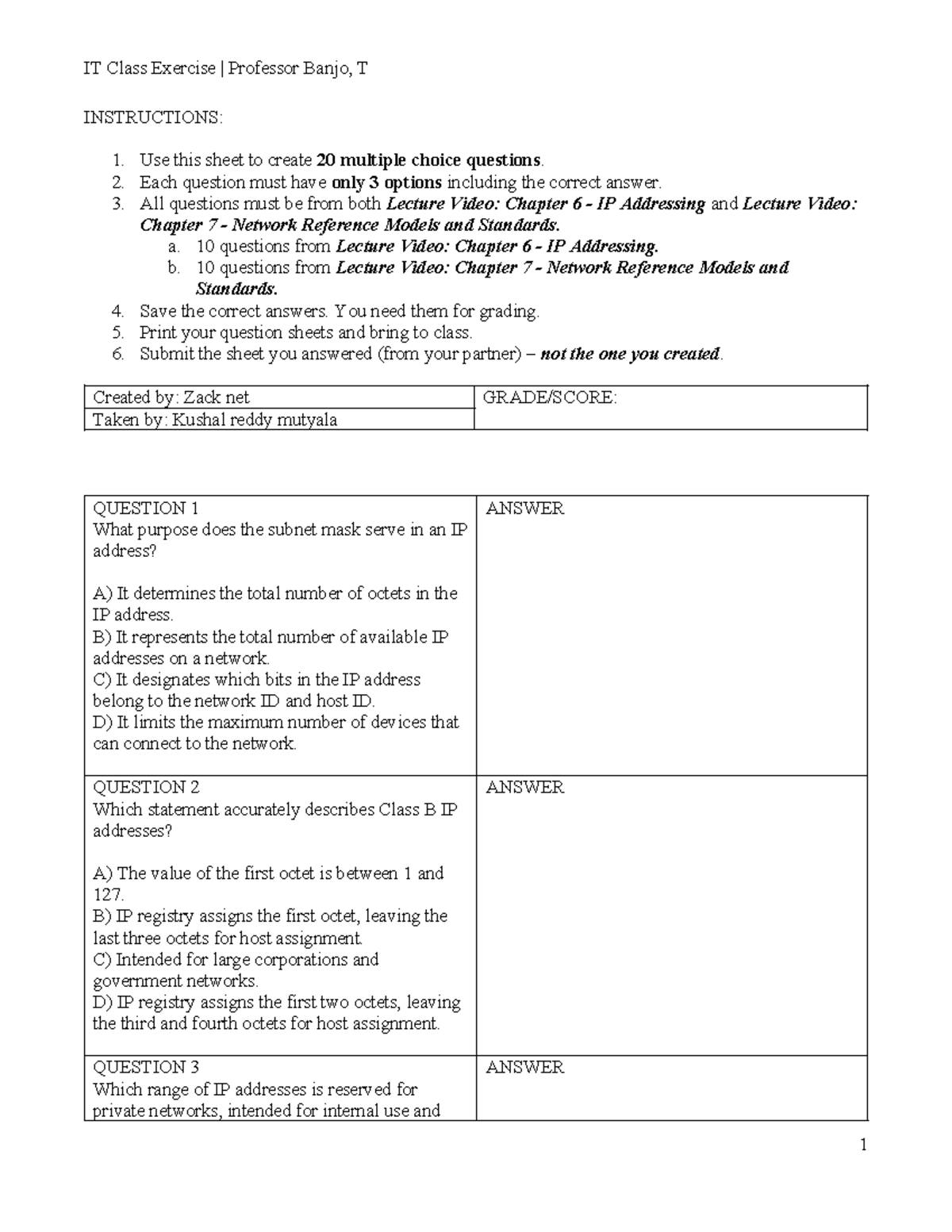 IT Class Exercise: MCQs on IP Addressing & Network Models (IT 101 ...