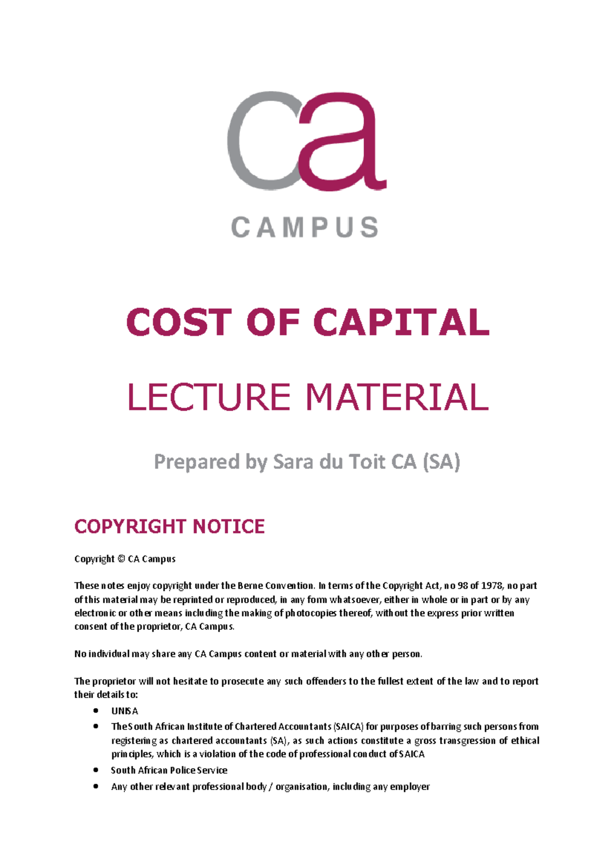 COST OF CAPITAL - LECTURE NOTES FOR CA 101 - Studocu