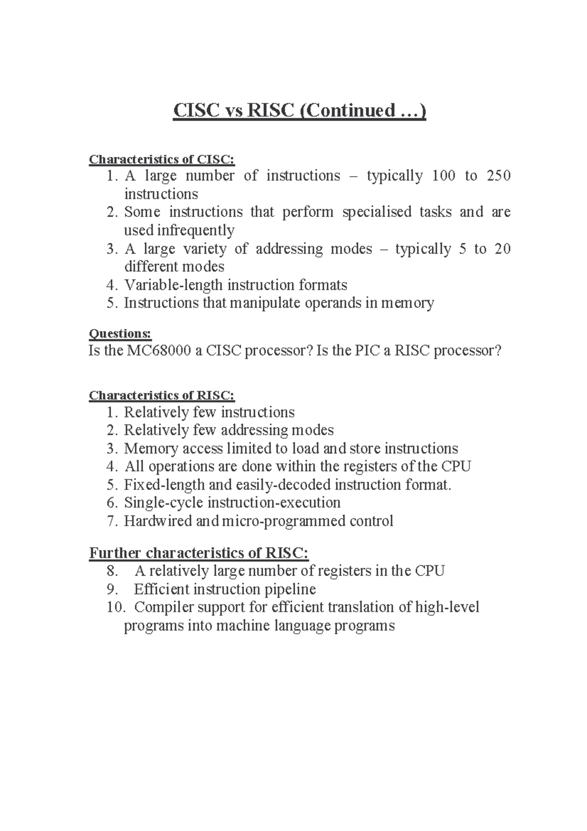 CISC vs RISC Characteristics - CISC 101 Notes - Studocu
