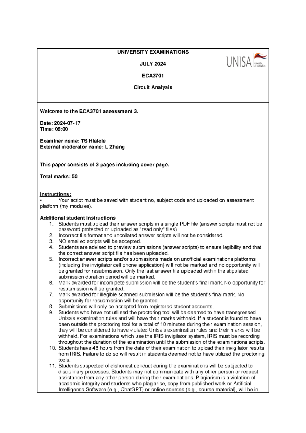 ECA3701 Final Exam Guidelines and Submission Instructions 2024 - Studocu