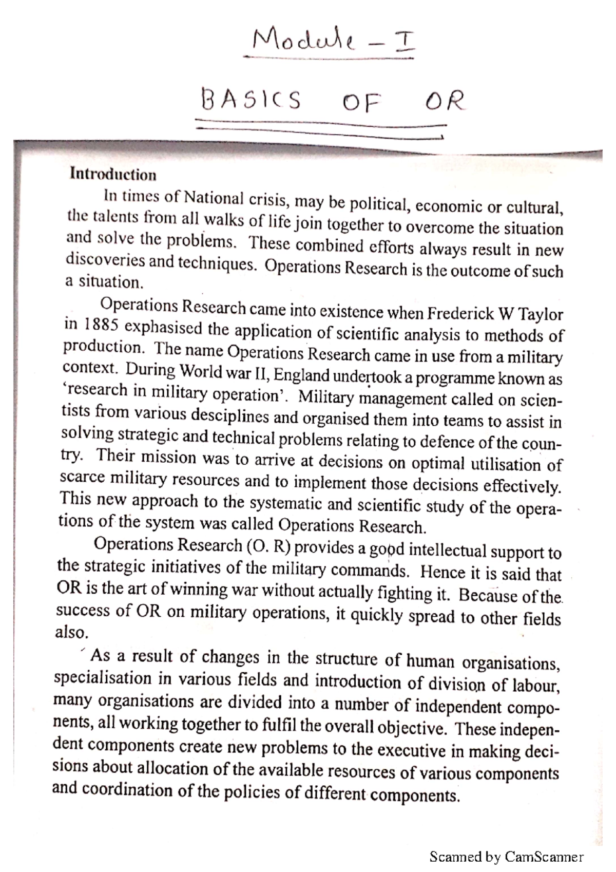 Module -1(chapter-1) - Useful - Module I BASICS OF OR Introduction In ...