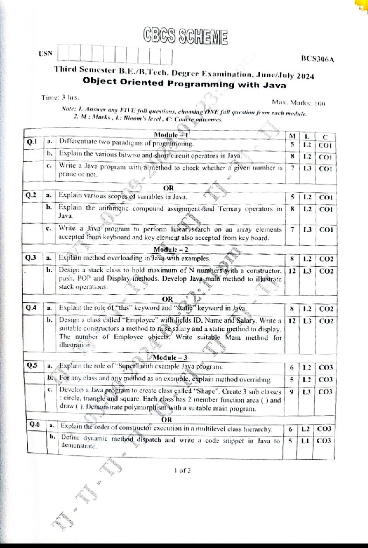 BCS306A Model Question Paper for Object Oriented Programming with Java ...