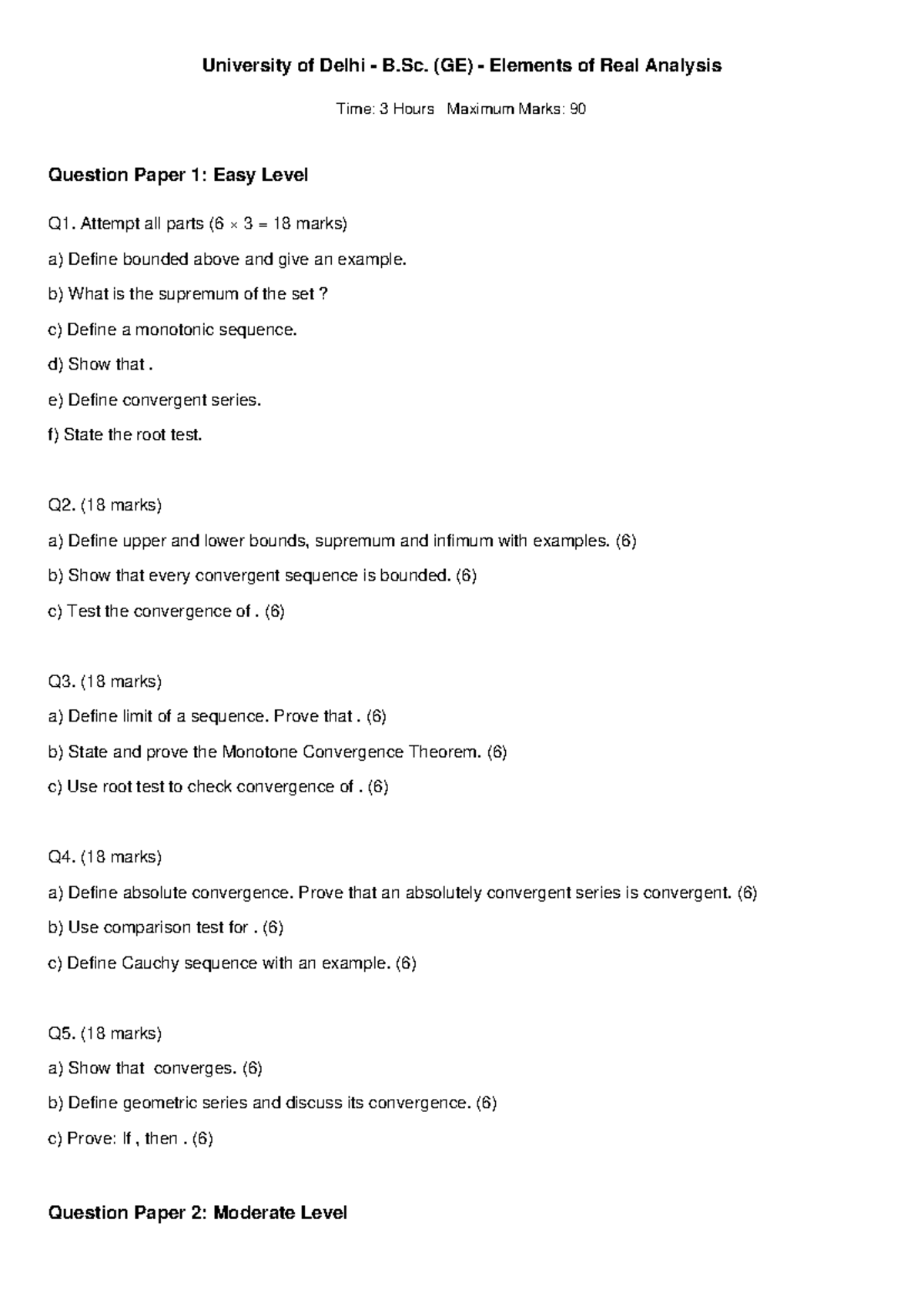 DU B.Sc. (GE) Real Analysis Question Papers: Easy to Hard Levels - Studocu