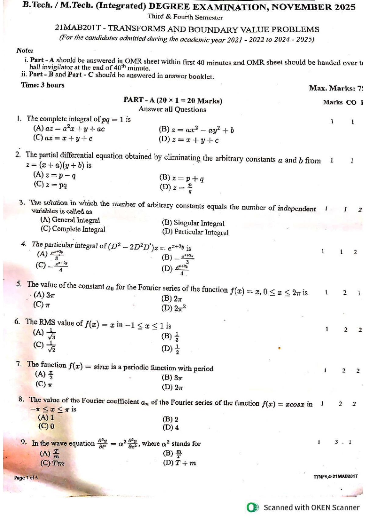 B Tech. M.Tech. (Integrated) 2IMAB201T TBVP Nov 2025 Question Paper ...