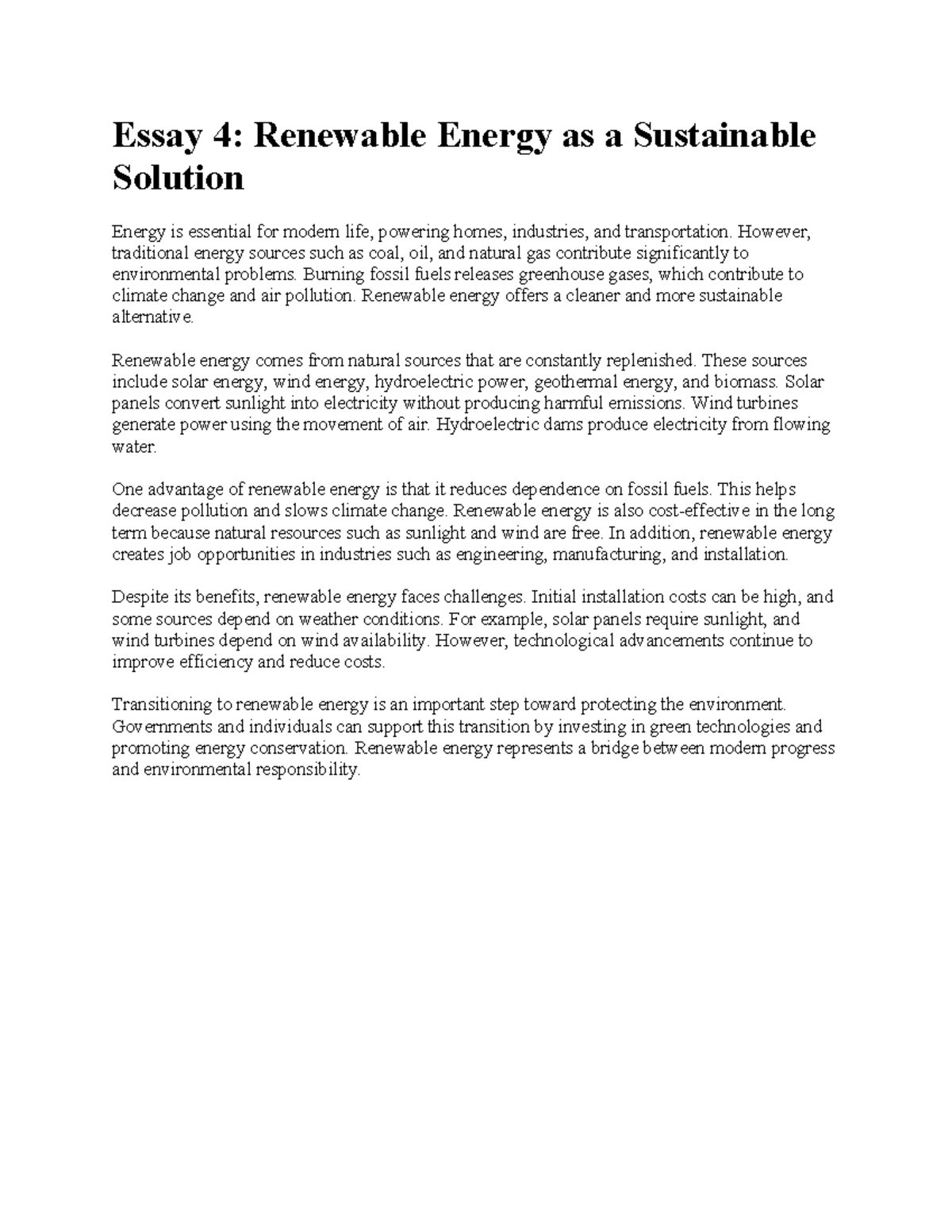 Summary of Essay 4: Renewable Energy as a Sustainable Solution - Studocu