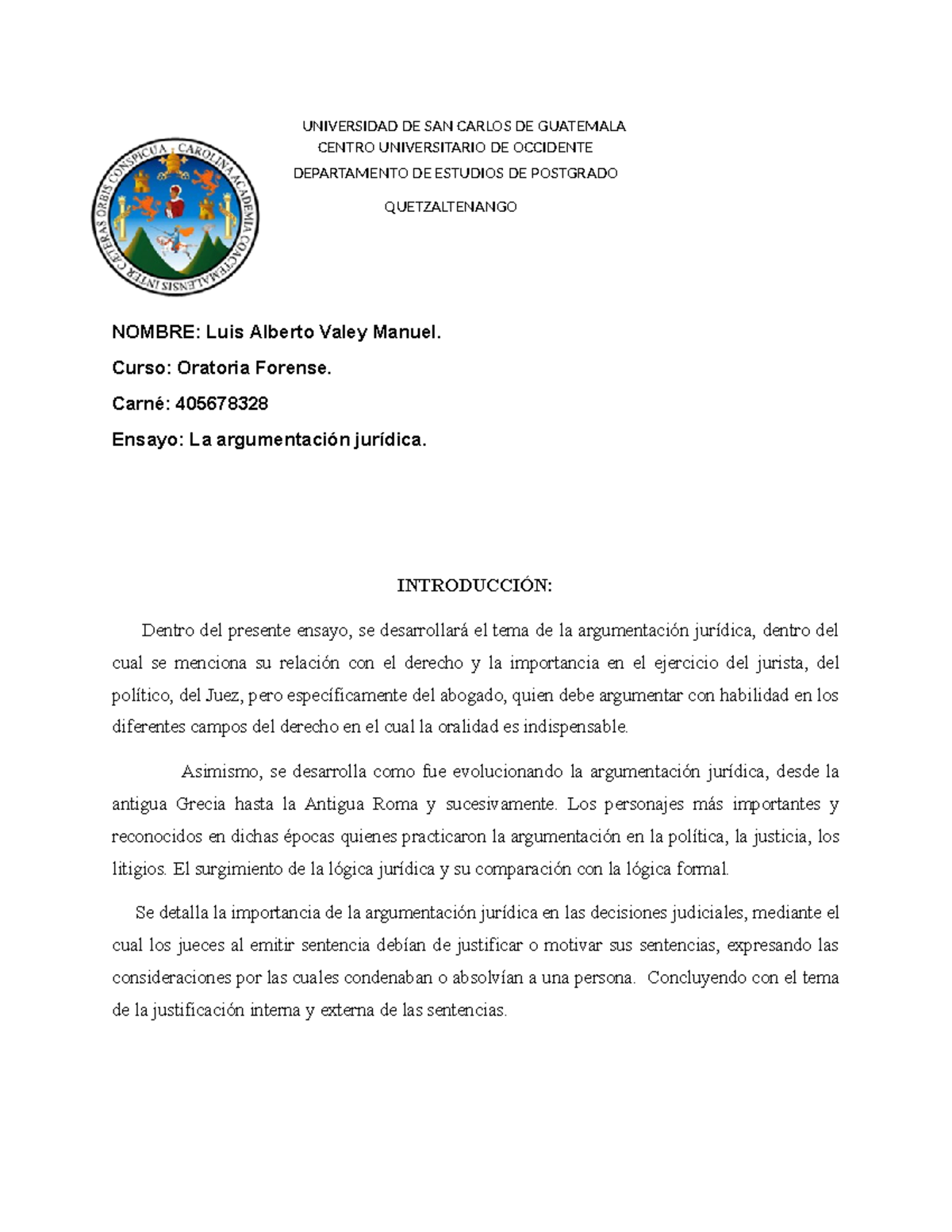 Ensayo sobre la Argumentación Jurídica en Oratoria Forense (405678328 ...