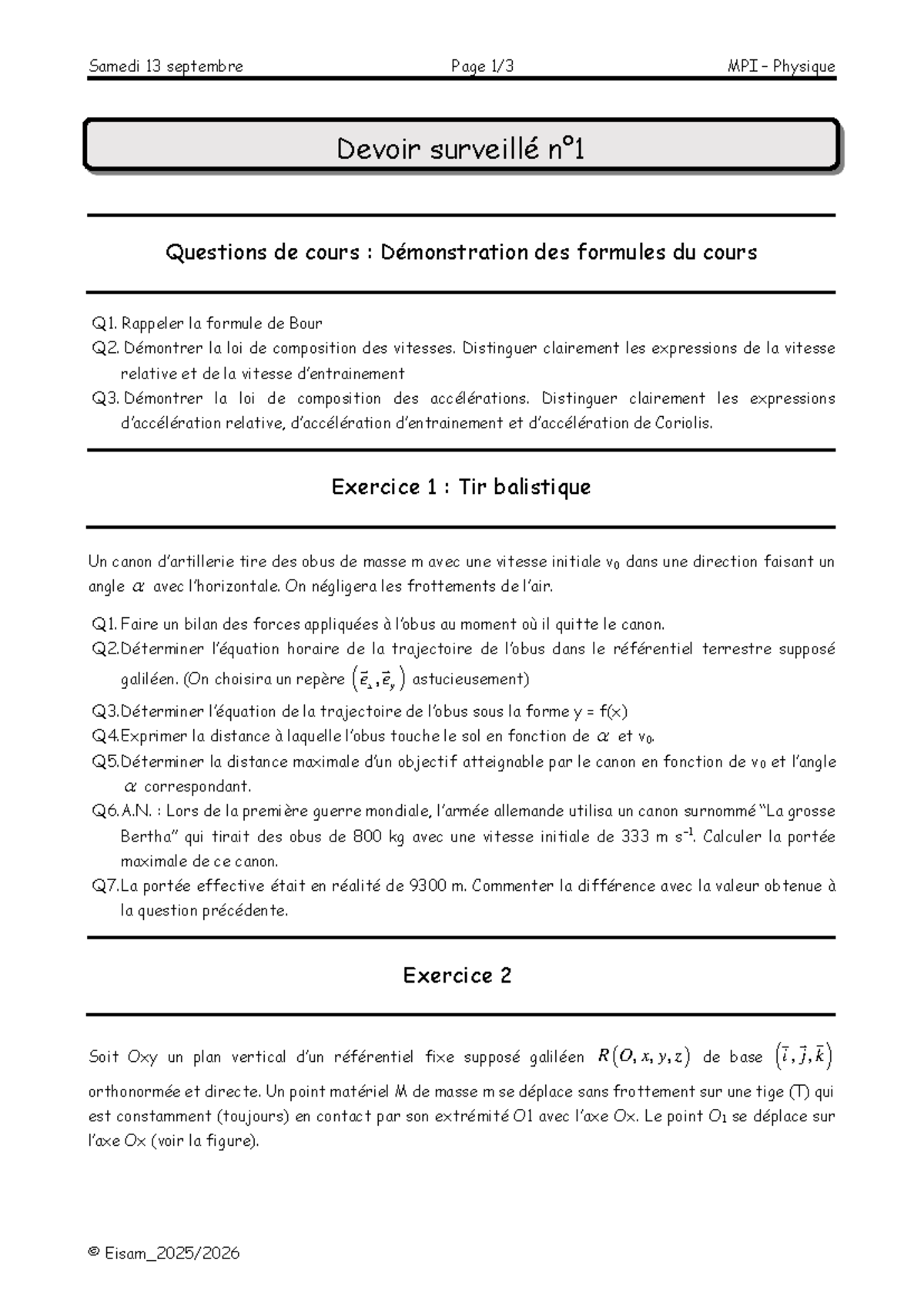 DST 1 MPI - Devoir Surveillé en Physique : Questions et Exercices - Studocu